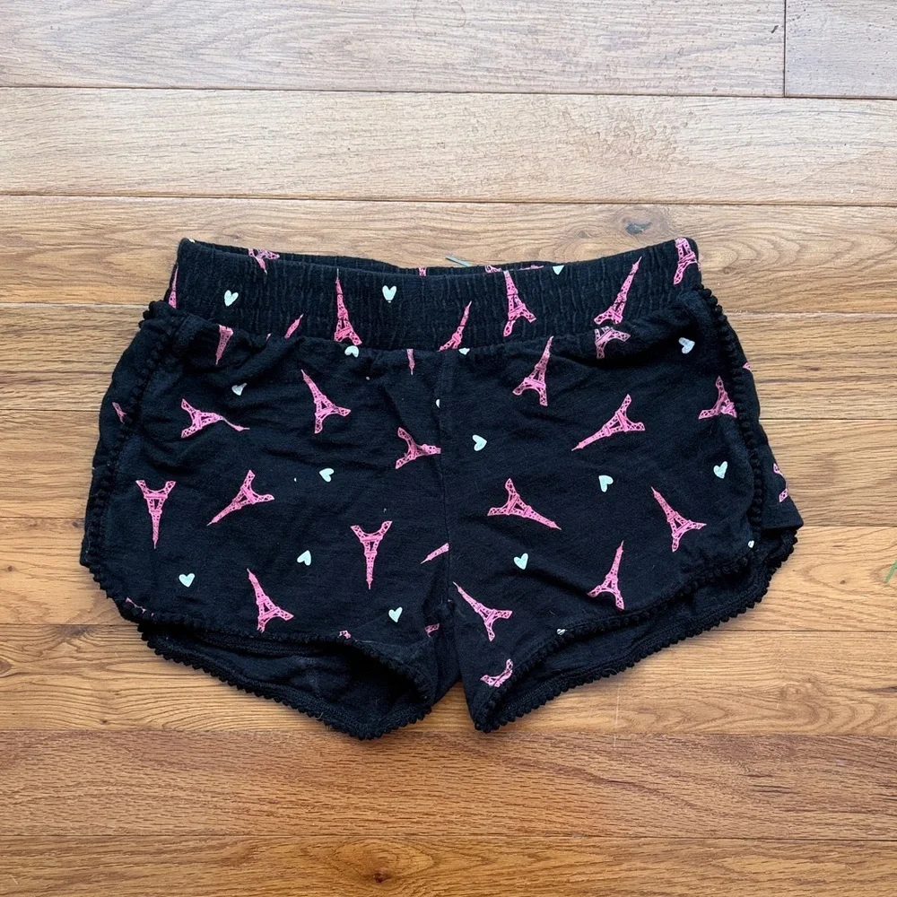 Justice Black Shorts with Pink Eiffel Towers and White Heart Accents